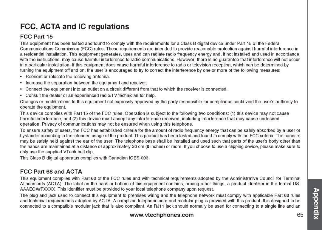 VTech DS6121-2, DS6121-3, DS6121-5, DS6122-5 user manual FCC, Acta and IC regulations, FCC Part 