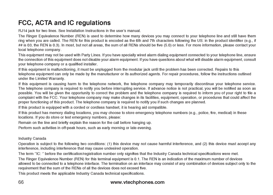 VTech DS6121-5, DS6121-3, DS6121-2, DS6122-5 user manual FCC, Acta and IC regulations 