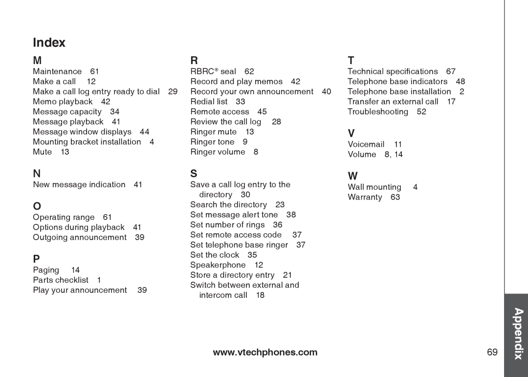 VTech DS6121-2, DS6121-3, DS6121-5, DS6122-5 user manual Appendix 