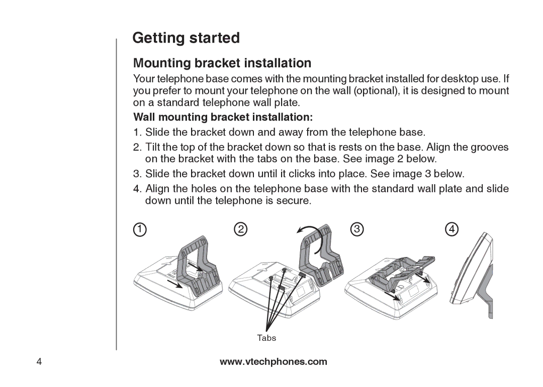 VTech DS6121-3, DS6121-2, DS6121-5, DS6122-5 user manual Mounting bracket installation, Wall mounting bracket installation 