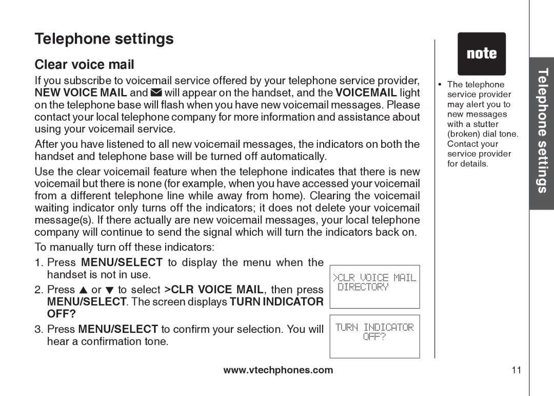 VTech DS6121-4 user manual Clear voice mail, Telephone Basicsettingsoperation 