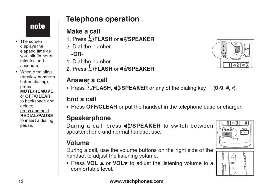 VTech DS6121-4 user manual Make a call, Answer a call, End a call, Speakerphone, Volume 