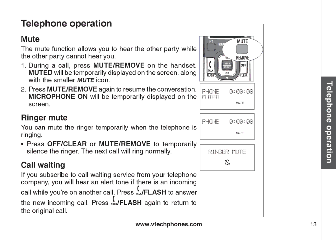 VTech DS6121-4 user manual Mute, Ringer mute, Call waiting 