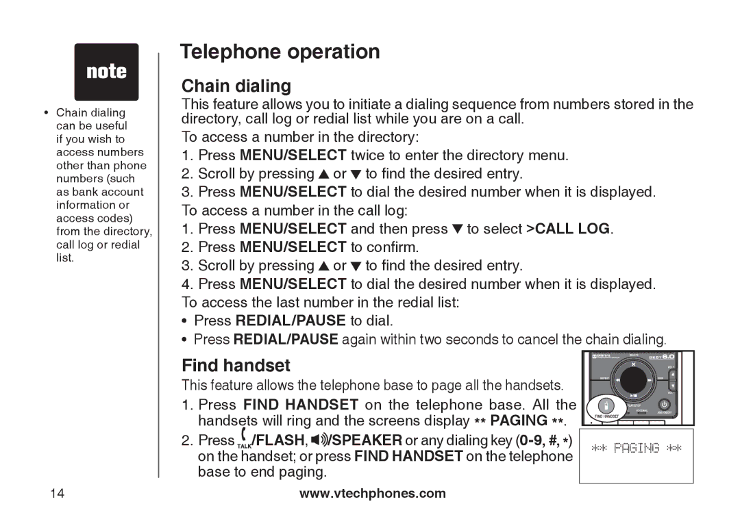 VTech DS6121-4 user manual Chain dialing, Find handset 