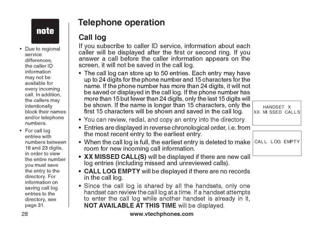 VTech DS6121-4 user manual Call log 