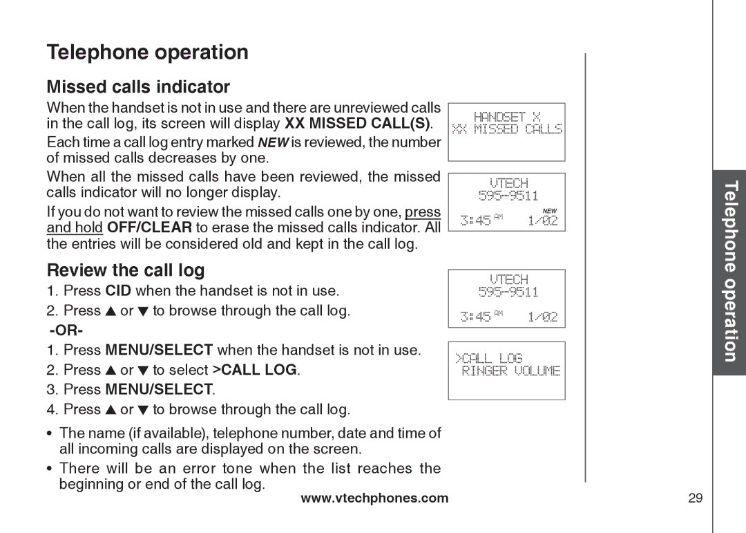 VTech DS6121-4 user manual Missed calls indicator, Review the call log 