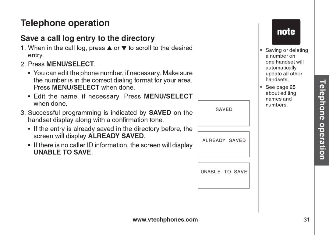 VTech DS6121-4 user manual Save a call log entry to the directory, Unable to Save 