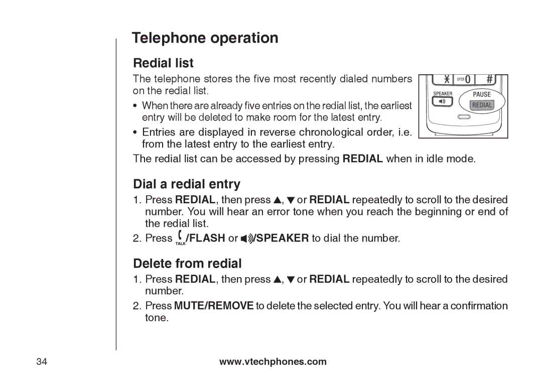 VTech DS6121-4 user manual Redial list, Dial a redial entry, Delete from redial 