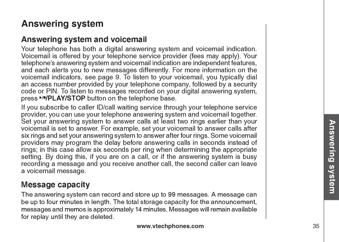 VTech DS6121-4 user manual Answering system and voicemail, Message capacity 