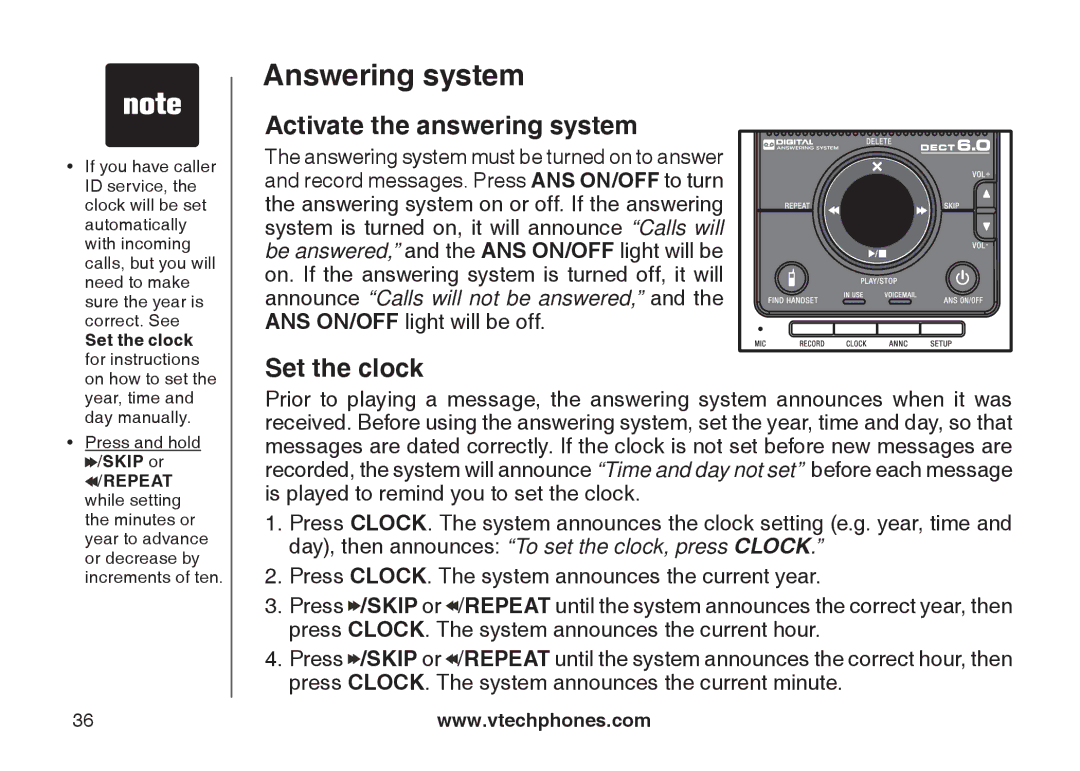 VTech DS6121-4 user manual Activate the answering system, Set the clock 