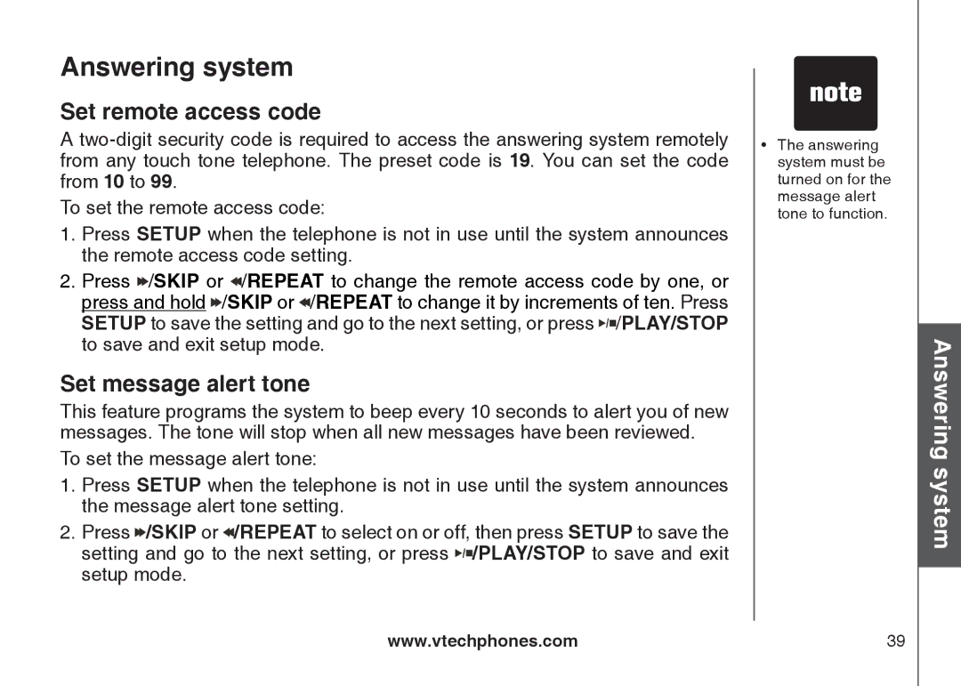 VTech DS6121-4 user manual Set remote access code, Set message alert tone 