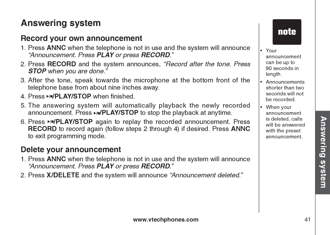 VTech DS6121-4 user manual Record your own announcement, Delete your announcement 