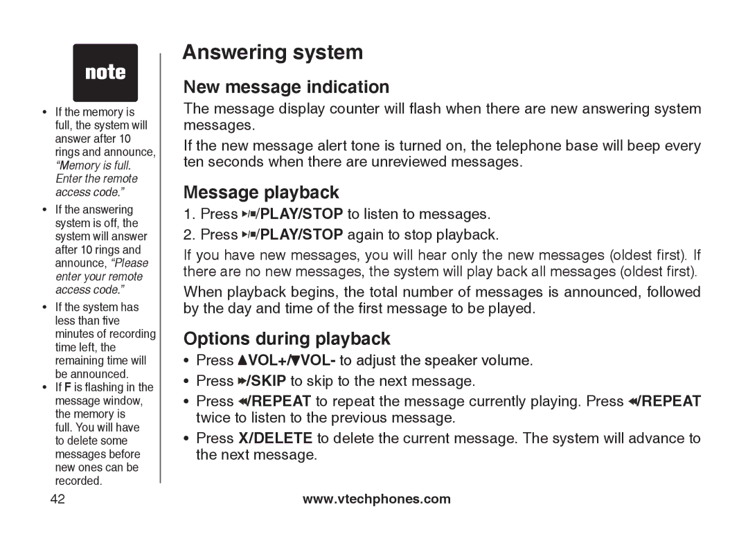 VTech DS6121-4 user manual New message indication, Message playback, Options during playback 