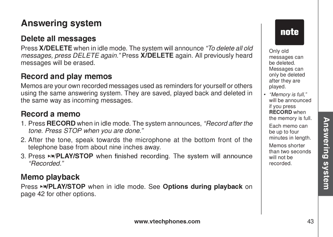 VTech DS6121-4 user manual Delete all messages, Record and play memos, Record a memo, Memo playback 