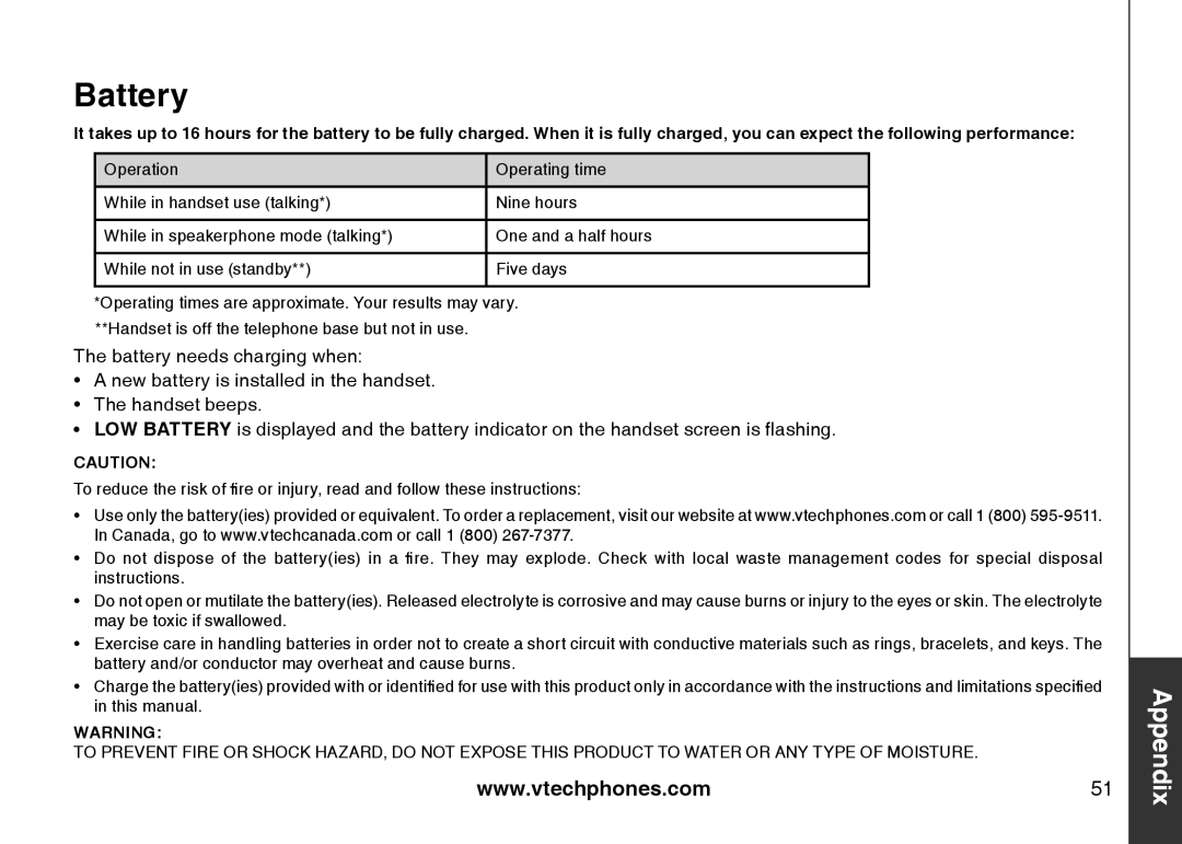 VTech DS6121-4 user manual Battery 