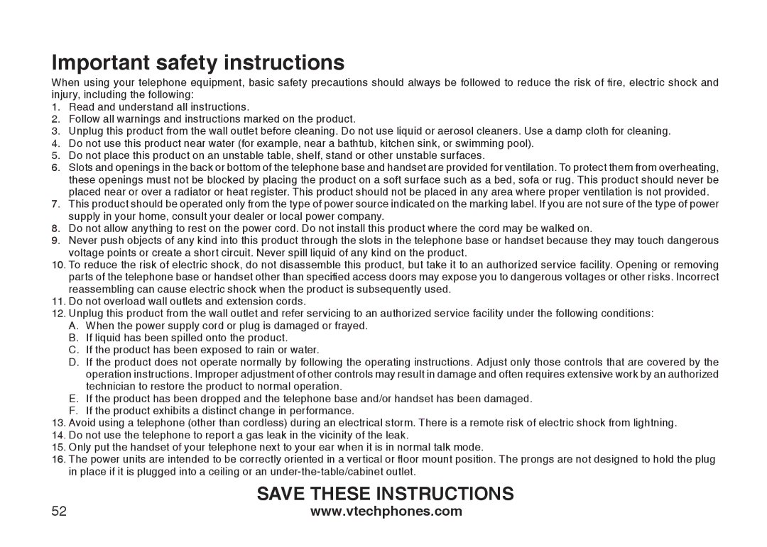 VTech DS6121-4 user manual Important safety instructions 