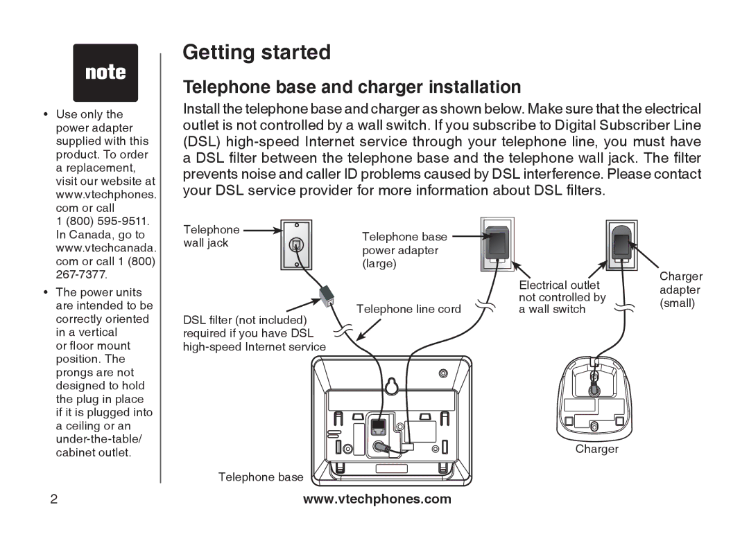 VTech DS6121-4 user manual Telephone base and charger installation 