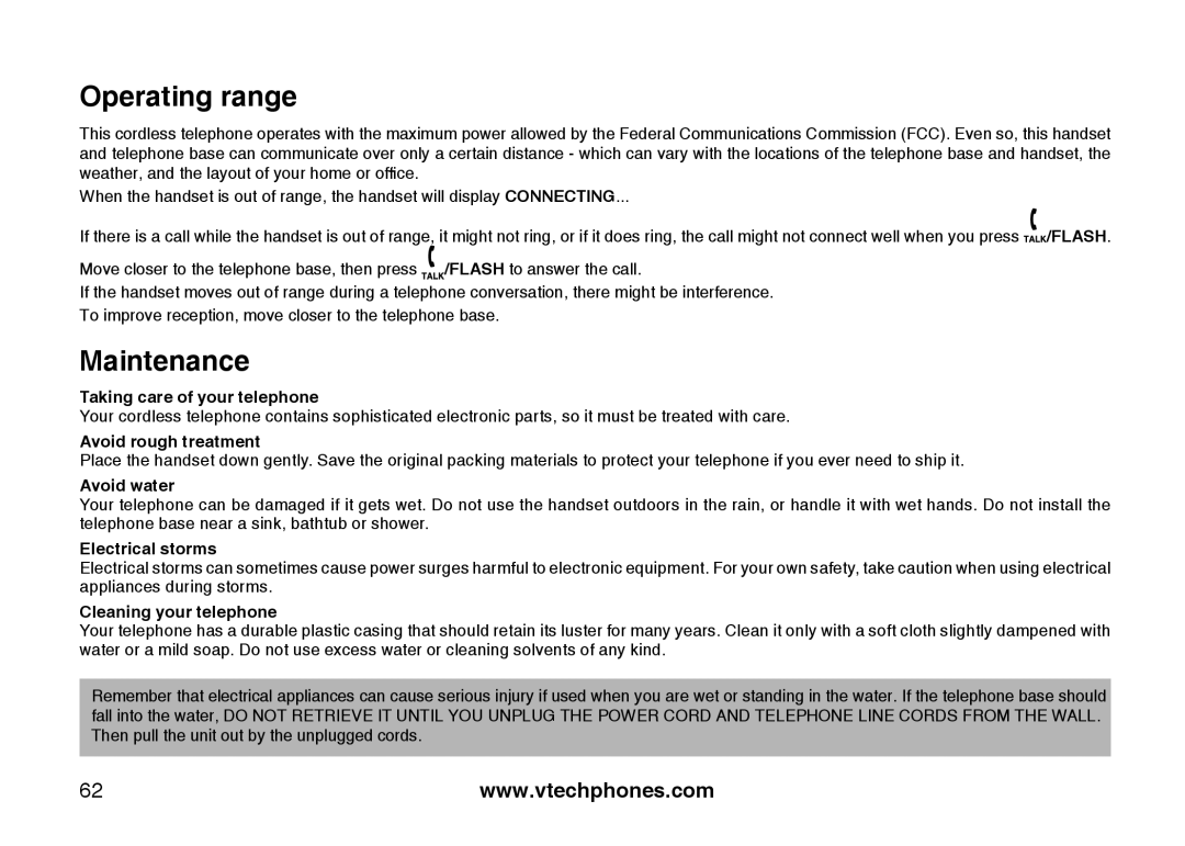 VTech DS6121-4 user manual Operating range, Maintenance 