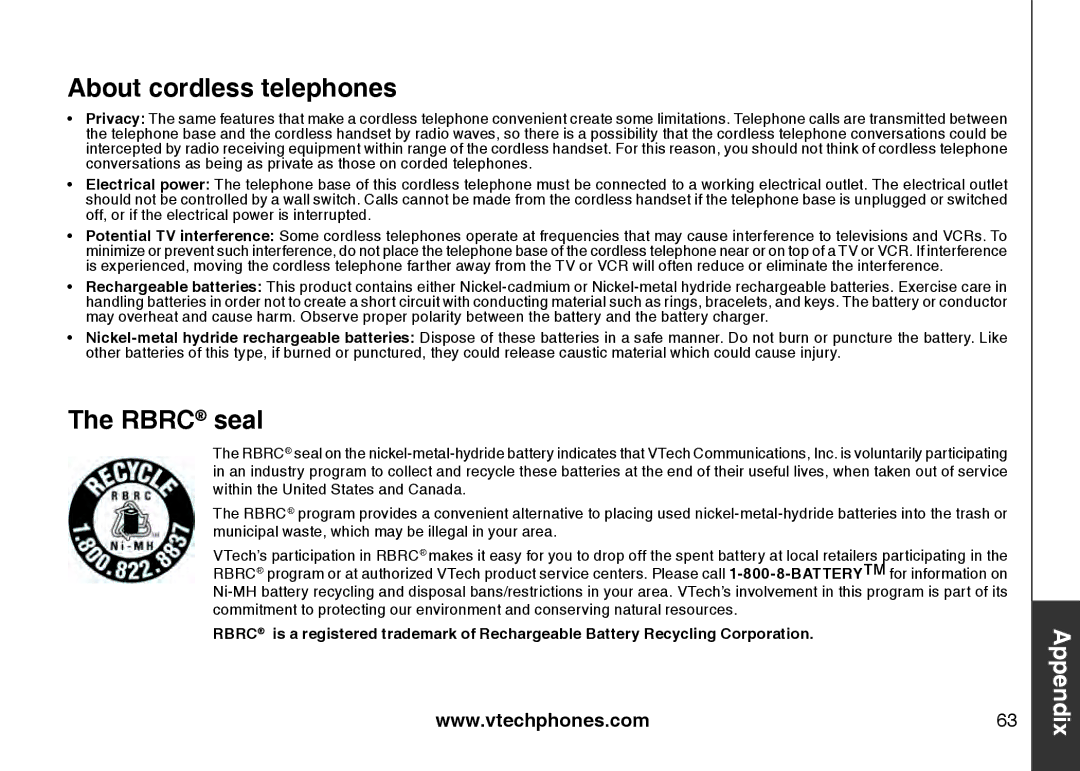 VTech DS6121-4 user manual About cordless telephones, Rbrc seal 