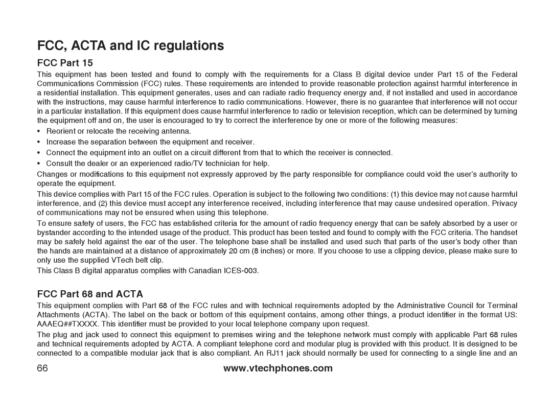 VTech DS6121-4 user manual FCC, Acta and IC regulations, FCC Part 