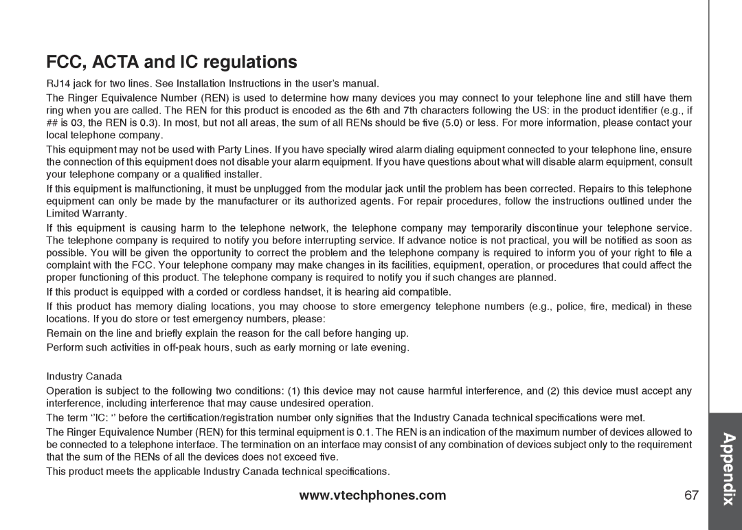 VTech DS6121-4 user manual FCC, Acta and IC regulations 