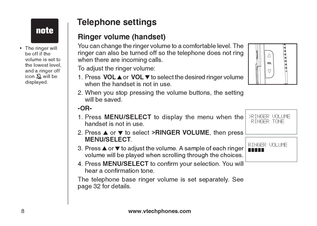 VTech DS6121 user manual Telephone settings, Ringer volume handset 