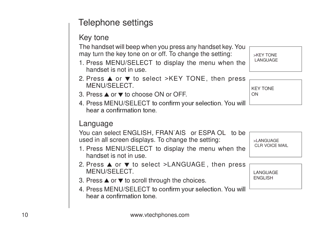 VTech DS6121 user manual Key tone, Language 