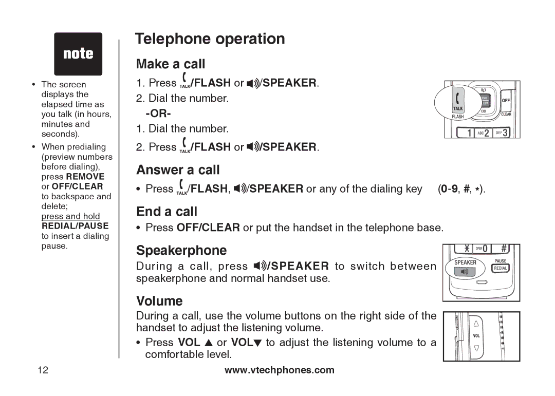 VTech DS6121 user manual Make a call, Answer a call, End a call, Speakerphone, Volume 