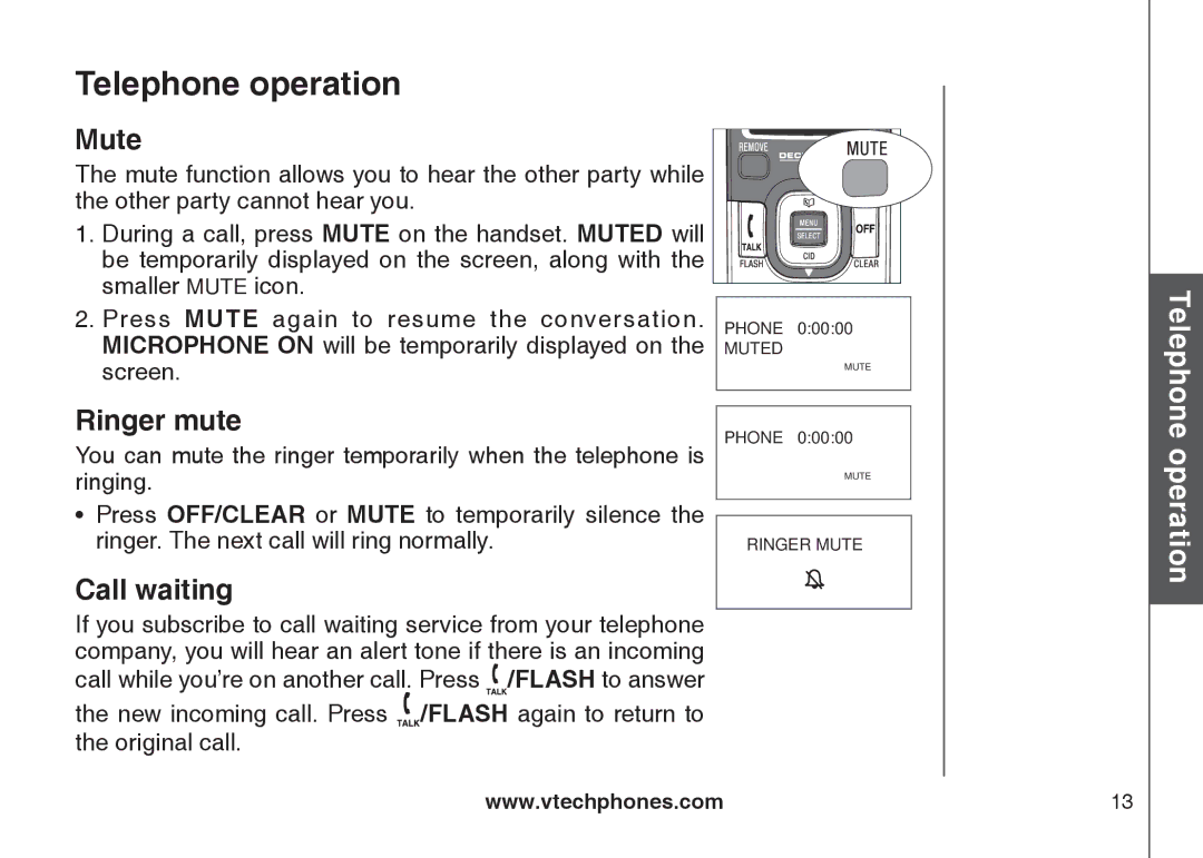 VTech DS6121 user manual Mute, Ringer mute, Call waiting 