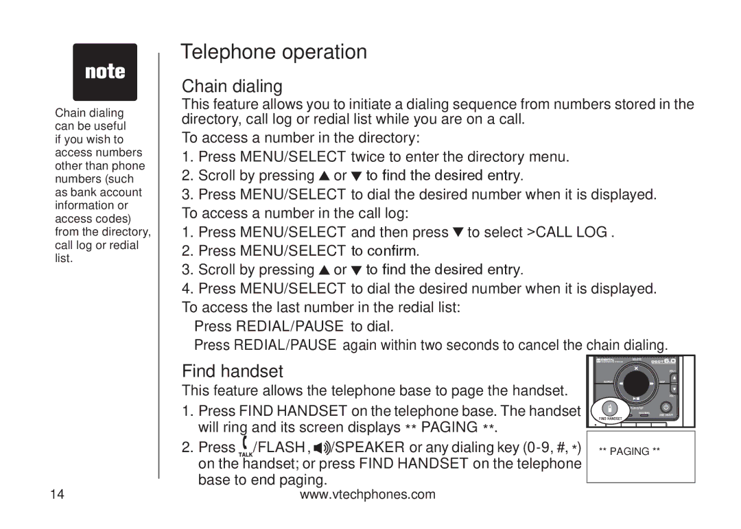 VTech DS6121 user manual Chain dialing, Find handset 