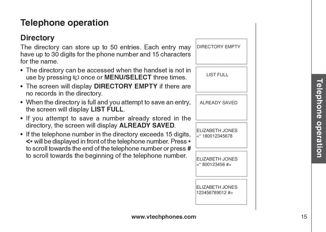 VTech DS6121 user manual Directory 