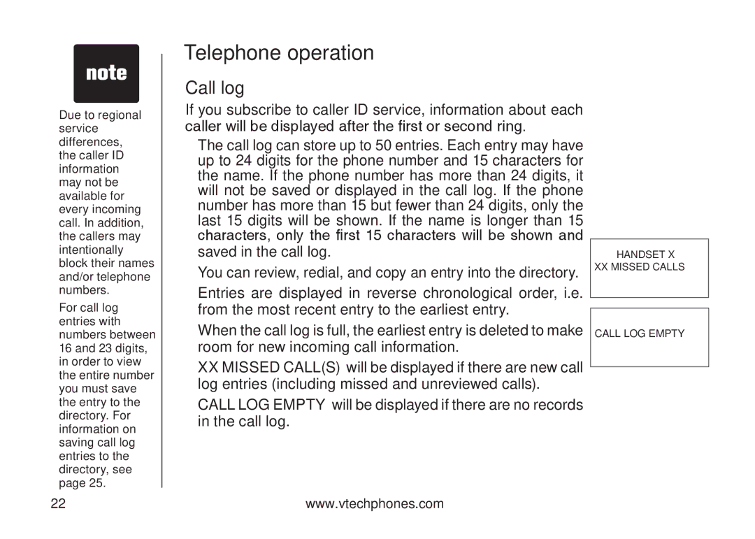 VTech DS6121 user manual Call log 