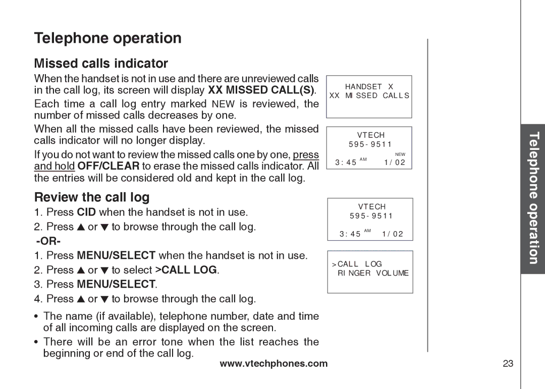 VTech DS6121 user manual Missed calls indicator, Review the call log 