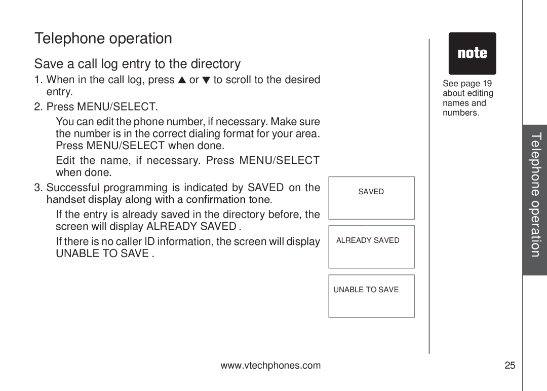 VTech DS6121 user manual Save a call log entry to the directory 