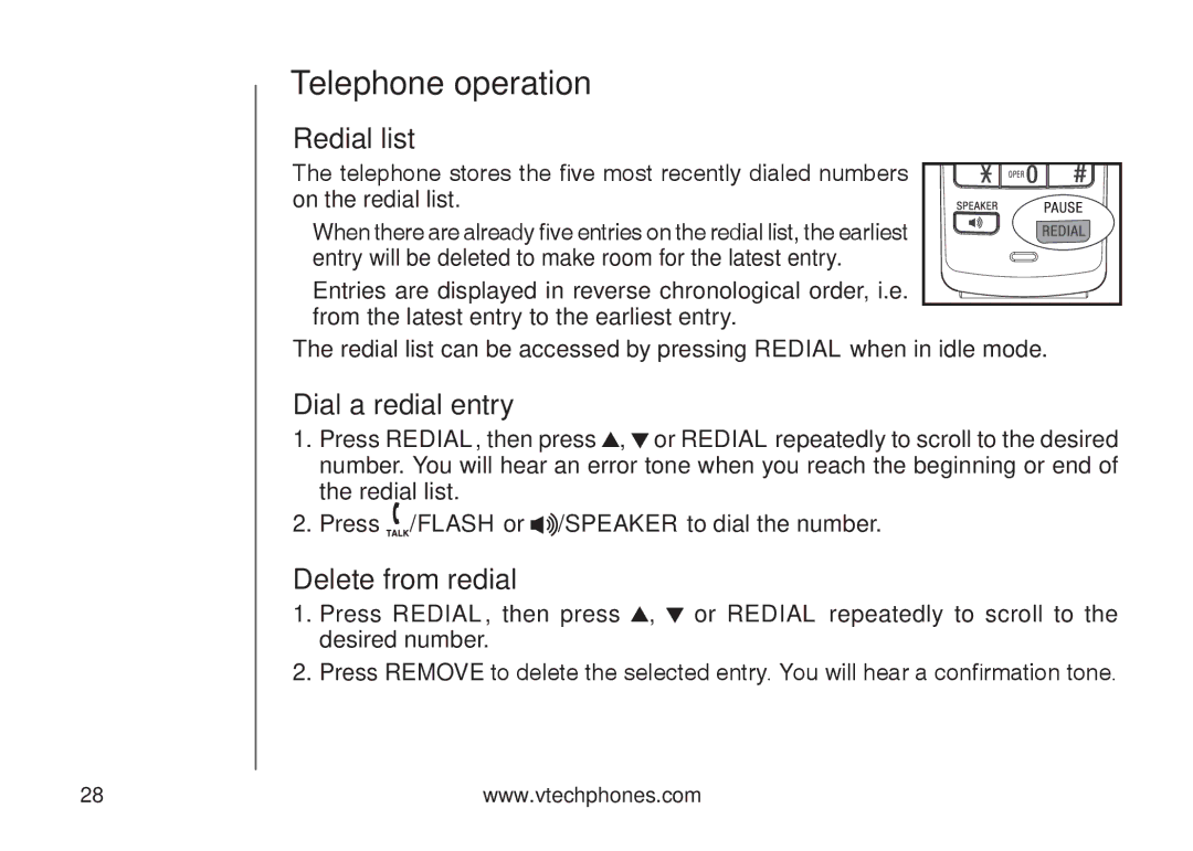 VTech DS6121 user manual Redial list, Dial a redial entry, Delete from redial 