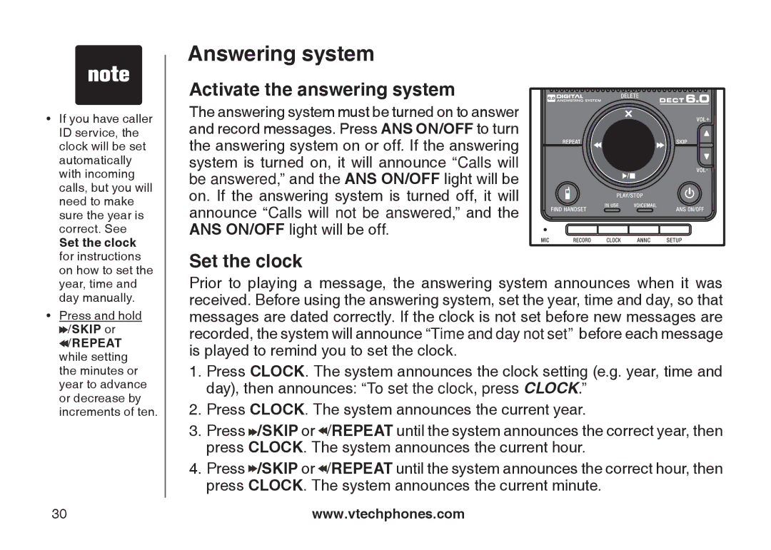 VTech DS6121 user manual Activate the answering system, Set the clock 