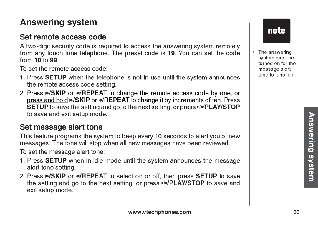 VTech DS6121 user manual Set remote access code, Set message alert tone 