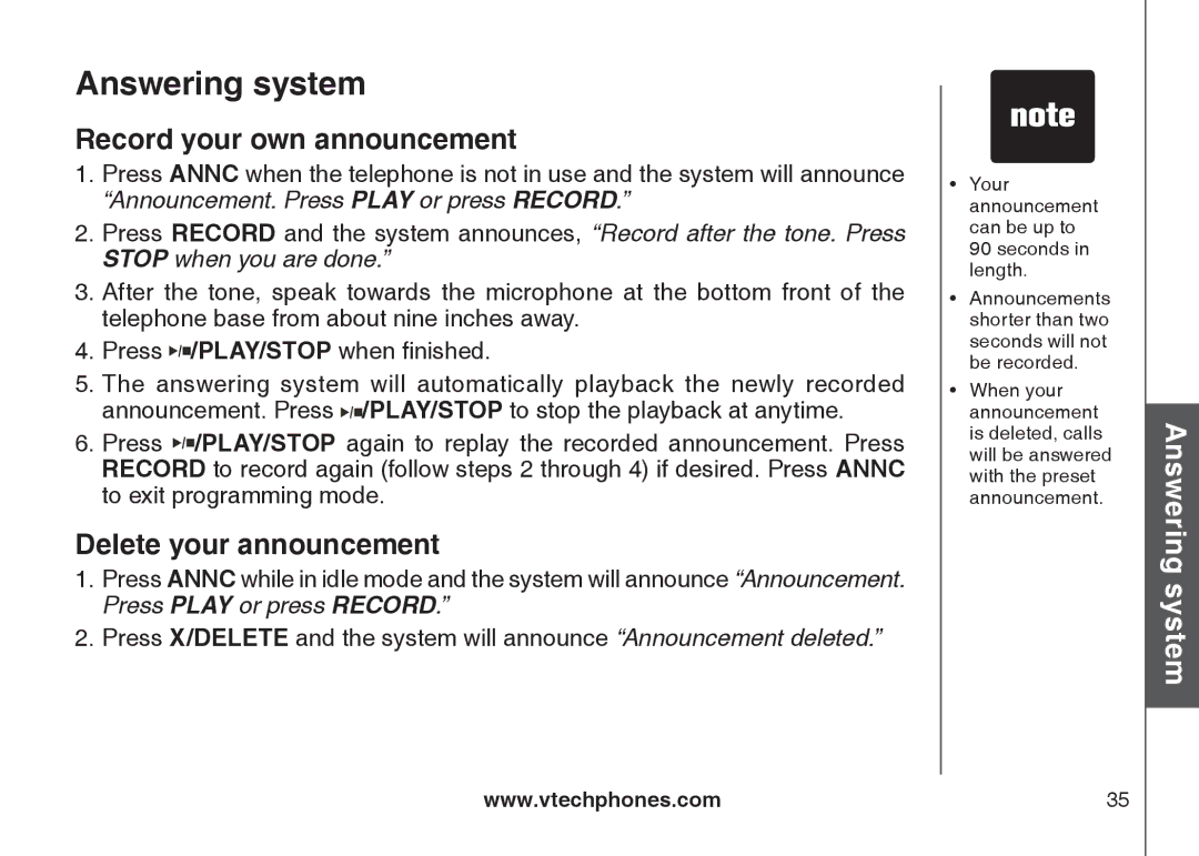 VTech DS6121 user manual Record your own announcement, Delete your announcement 