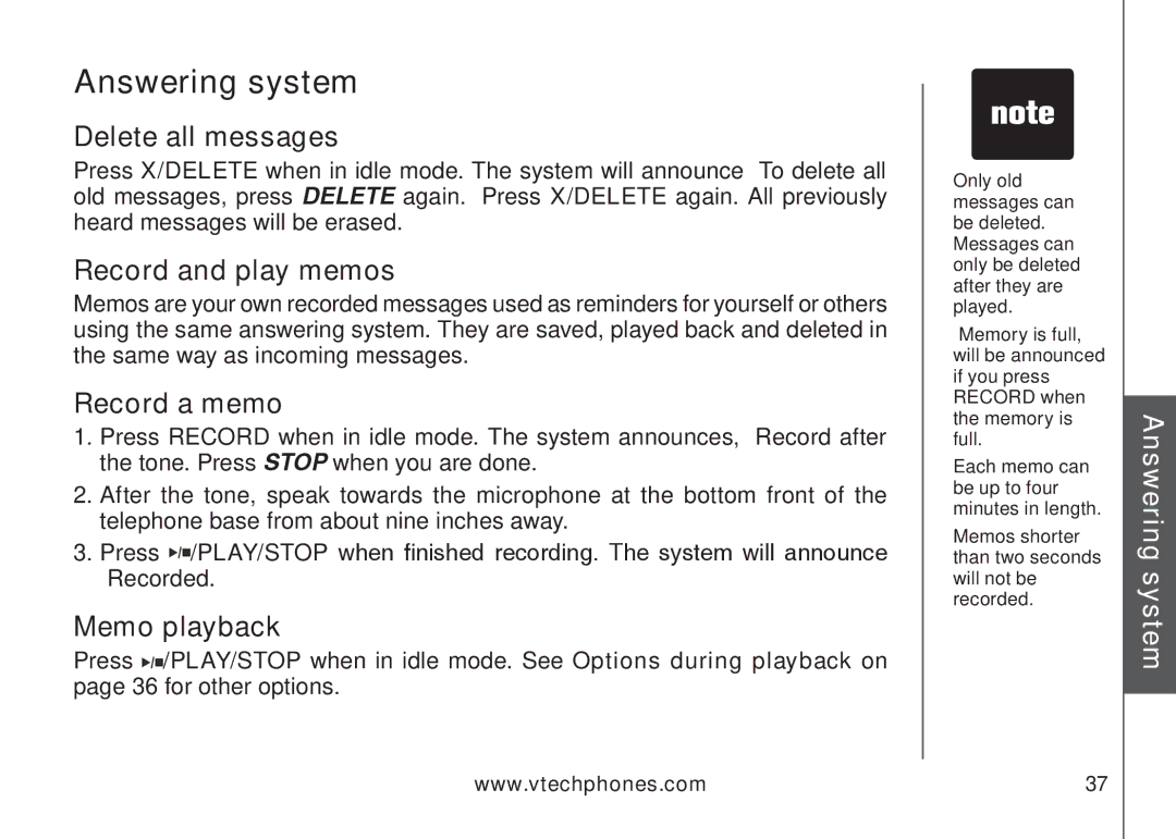 VTech DS6121 user manual Delete all messages, Record and play memos, Record a memo, Memo playback 