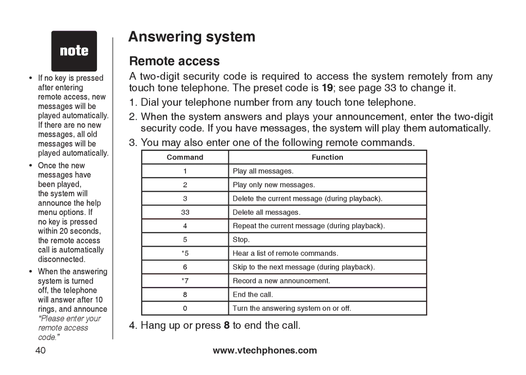 VTech DS6121 user manual Remote access, Command Function 