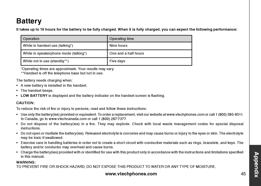 VTech DS6121 user manual Battery 