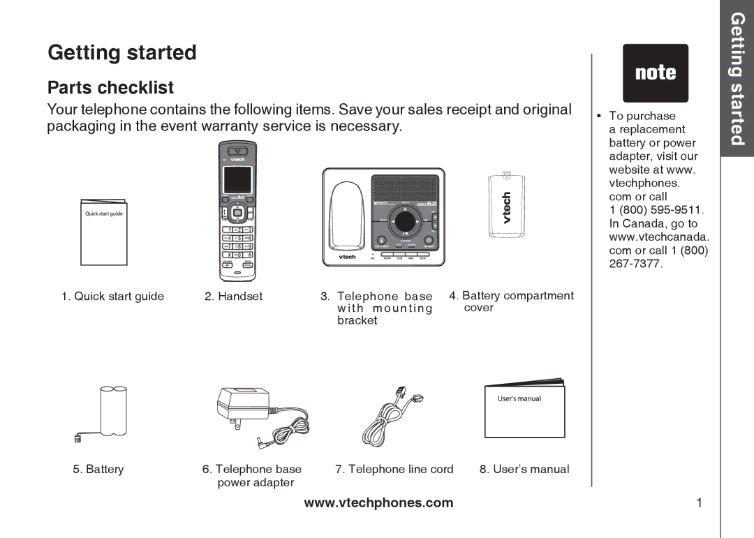 VTech DS6121 user manual Getting started, Parts checklist 