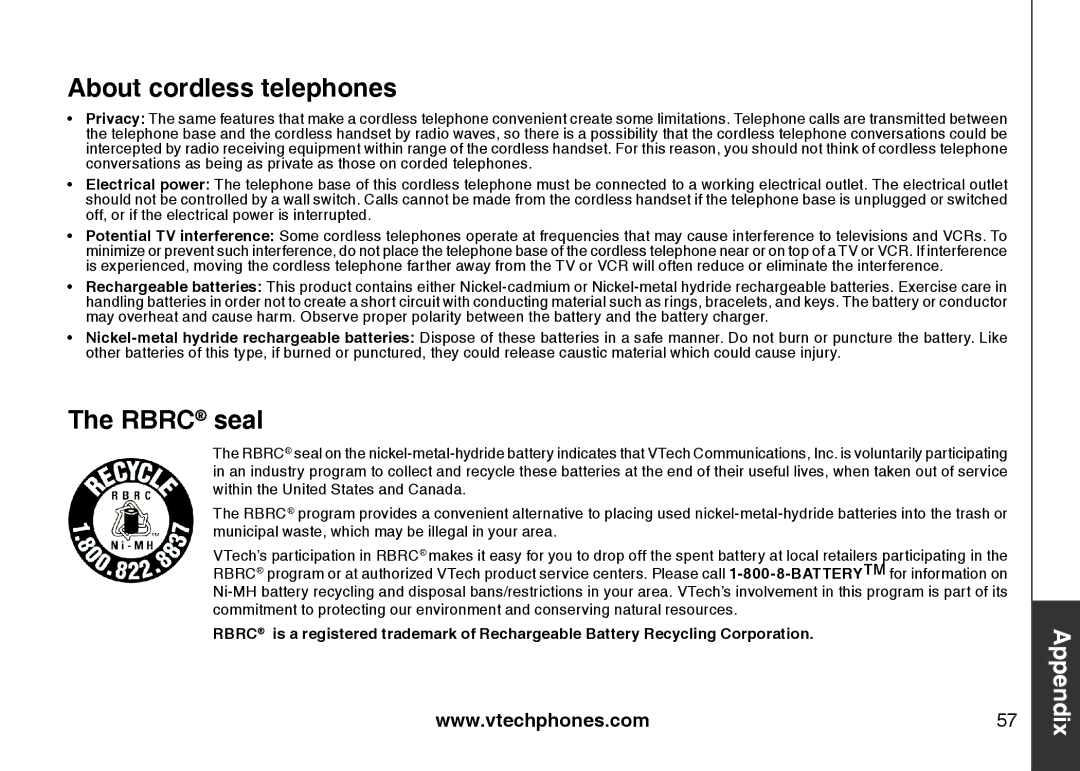 VTech DS6121 user manual About cordless telephones, Rbrc seal 