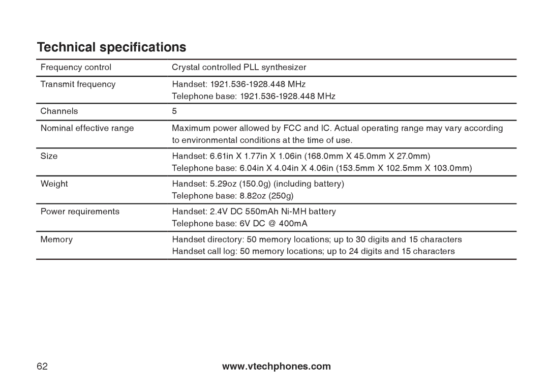 VTech DS6121 user manual Technical specifications 