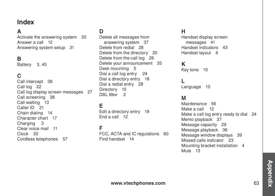 VTech DS6121 user manual Index 