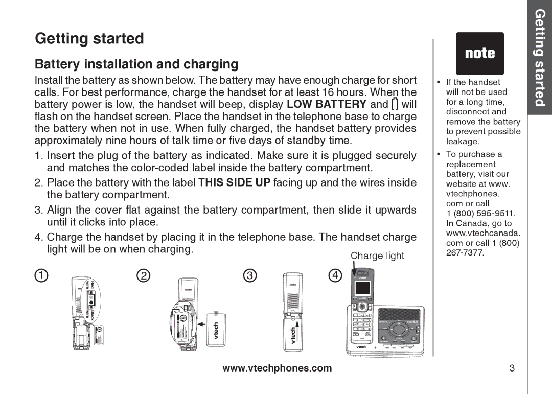 VTech DS6121 user manual Battery installation and charging 