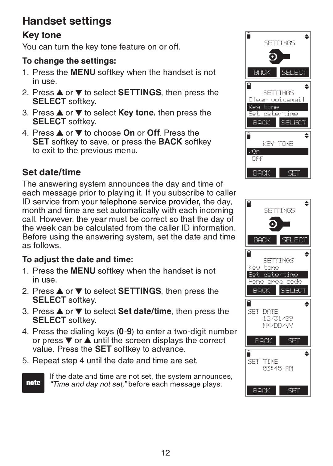 VTech DS6151 user manual Key tone, Set date/time, To change the settings, To adjust the date and time 