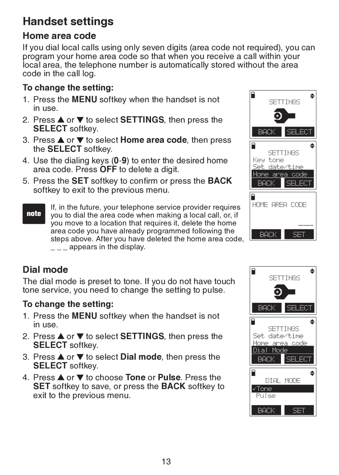 VTech DS6151 user manual Home area code, Dial mode, To change the setting 