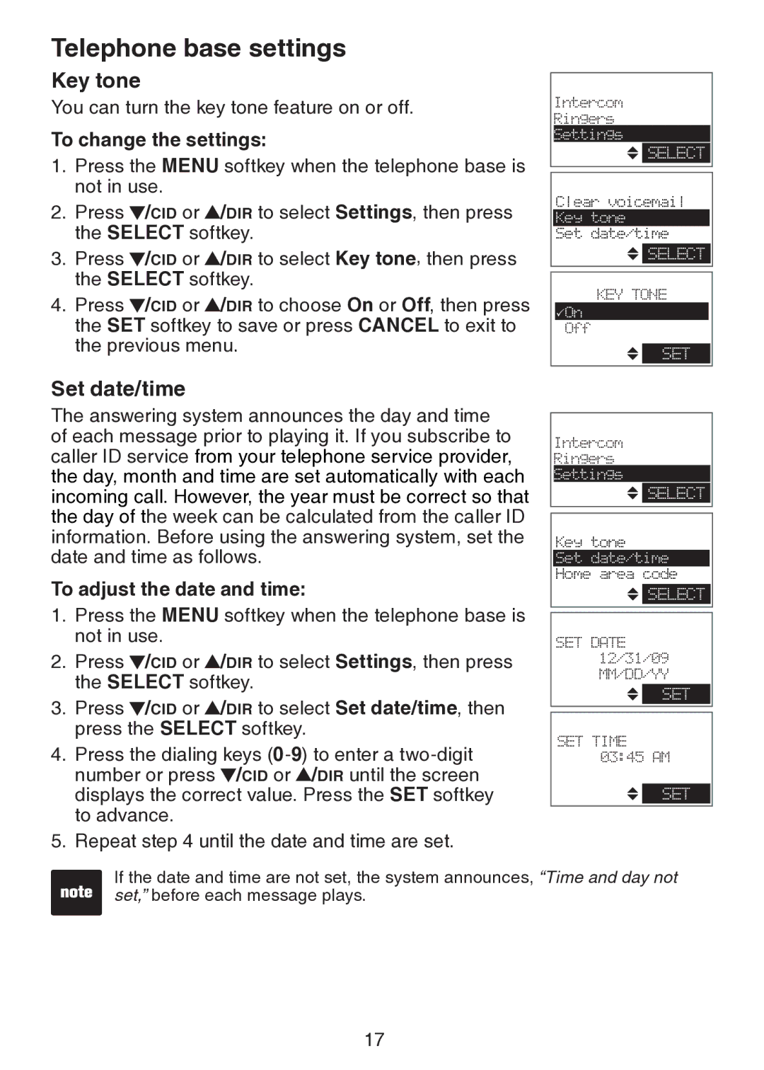 VTech DS6151 user manual Clear voicemail Key tone Set date/time 