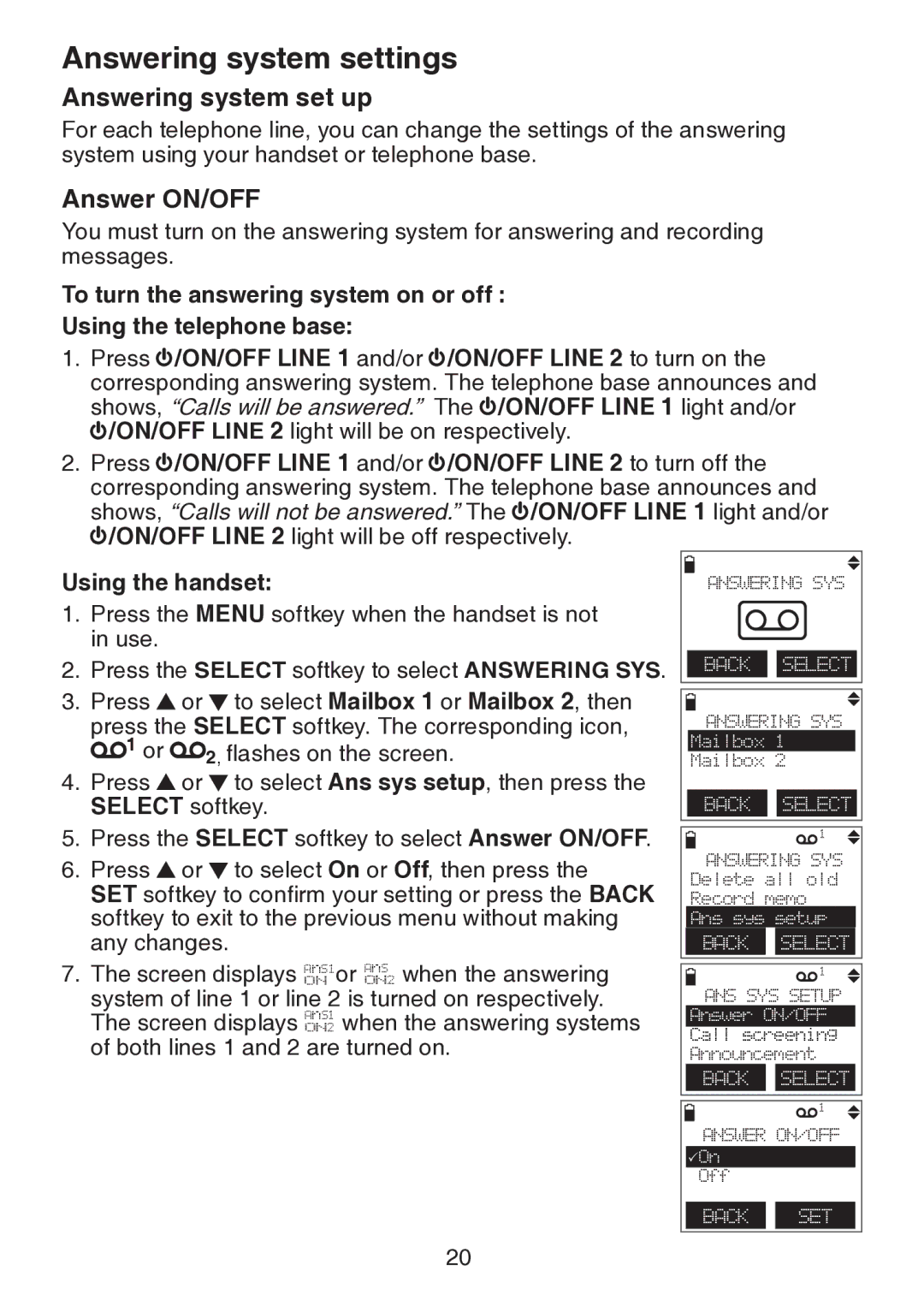 VTech DS6151 user manual Answering system settings, Answering system set up, Answer ON/OFF 